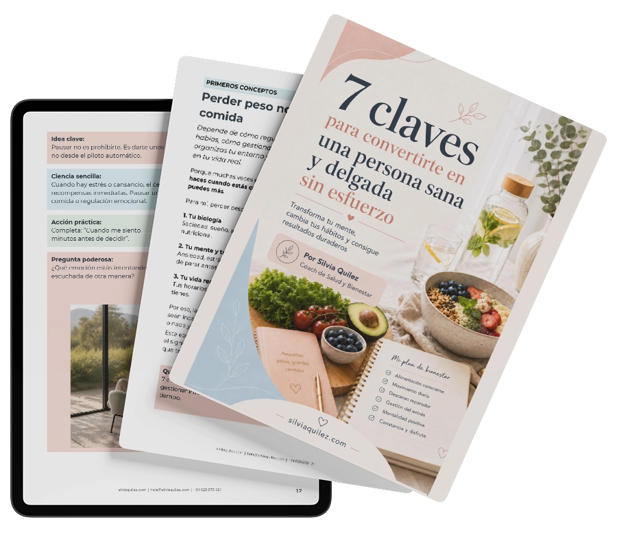 mockup de ebook 7 claves para aprender a cuidarse y adelgazar sin dietas de Silvia Quílez